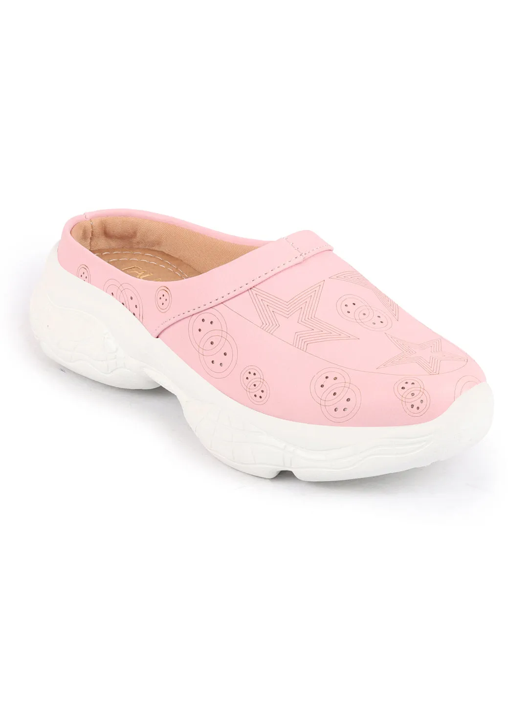 Women Pink Laser Cut Star Design Back Open Slip-On Mules Shoes