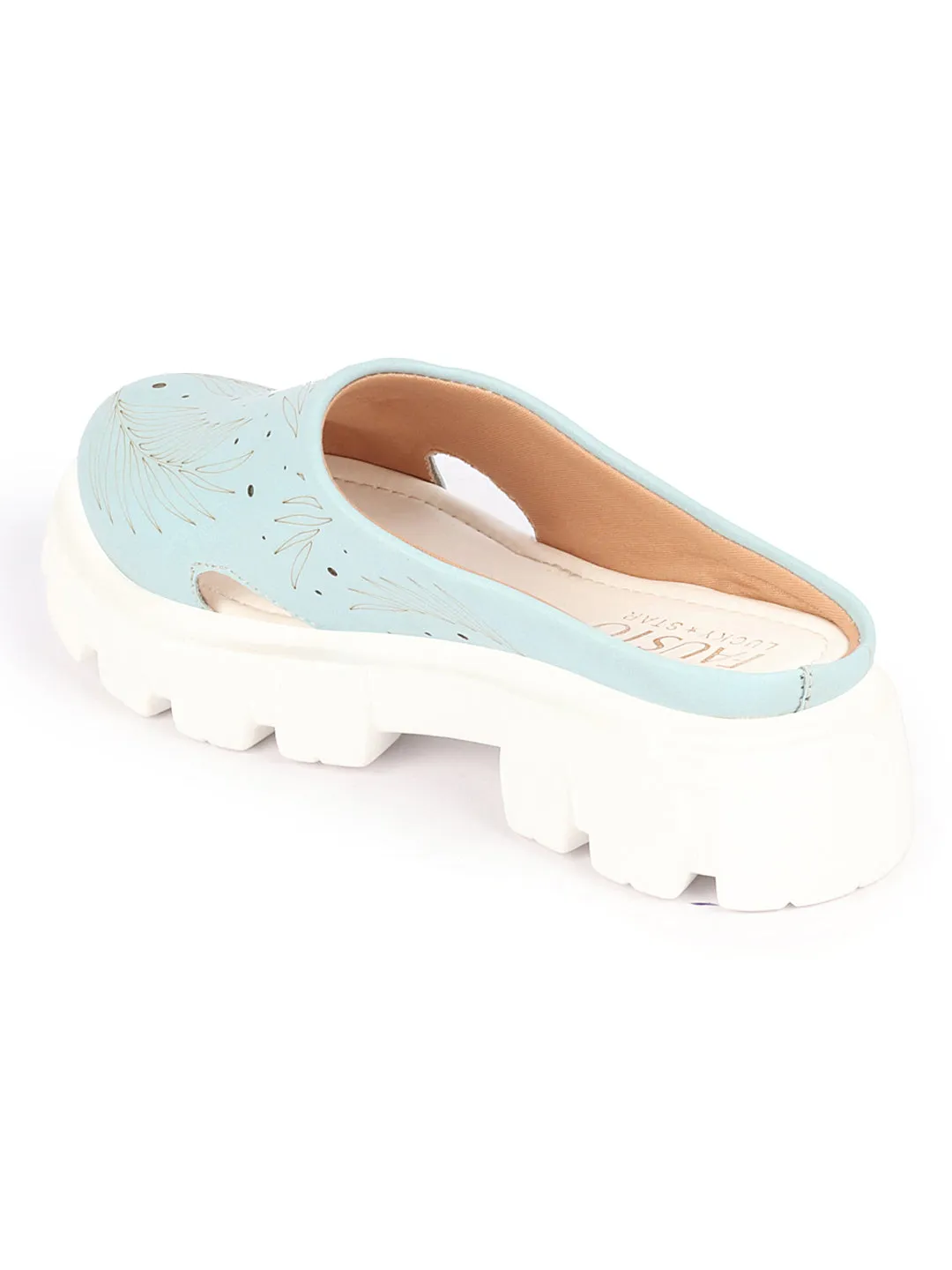 Women Sky Blue Fashion Outdoor Leaf Print Laser Cut Design Open Back Slip On Casual Shoes