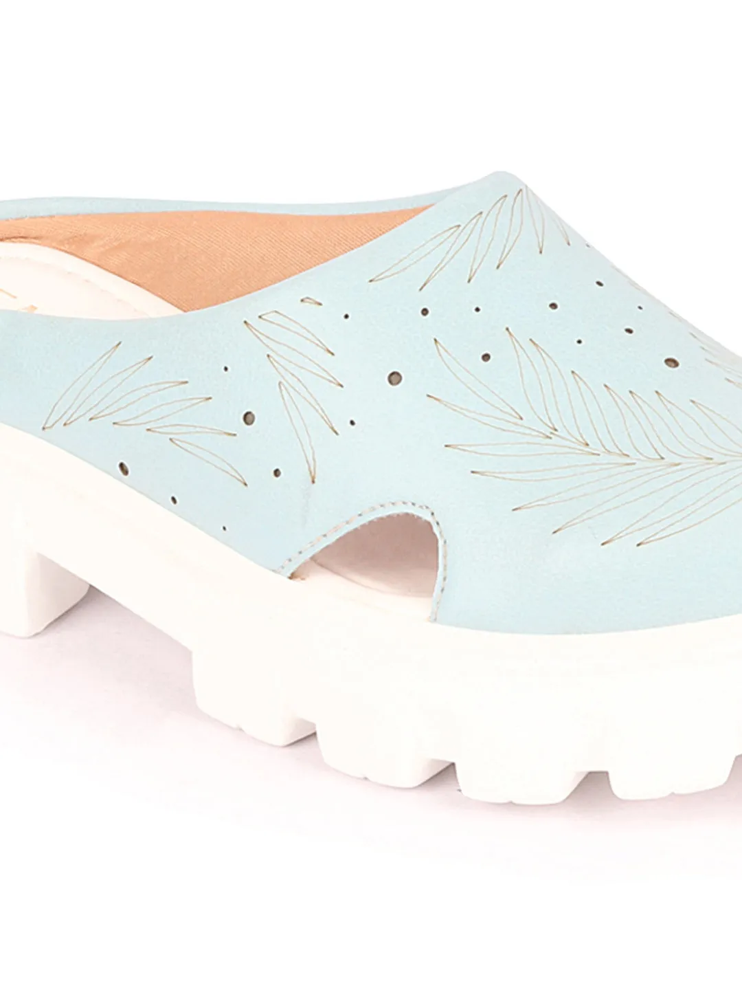 Women Sky Blue Fashion Outdoor Leaf Print Laser Cut Design Open Back Slip On Casual Shoes