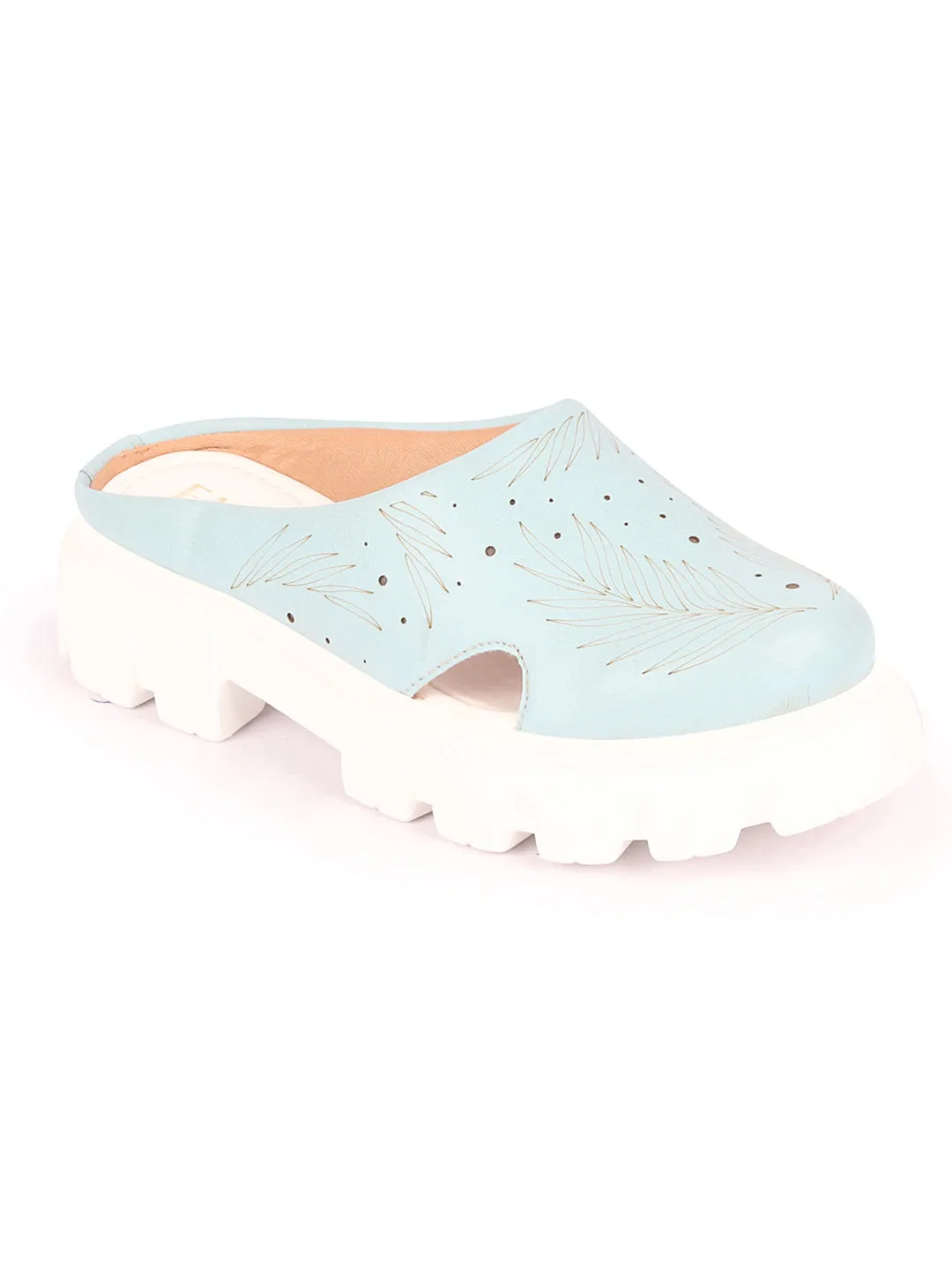 Women Sky Blue Fashion Outdoor Leaf Print Laser Cut Design Open Back Slip On Casual Shoes