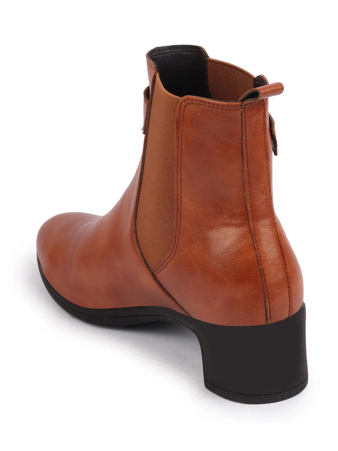 Women Tan Flared Heel High Ankle Classic Winter Buckle Strap Chelsea Boots